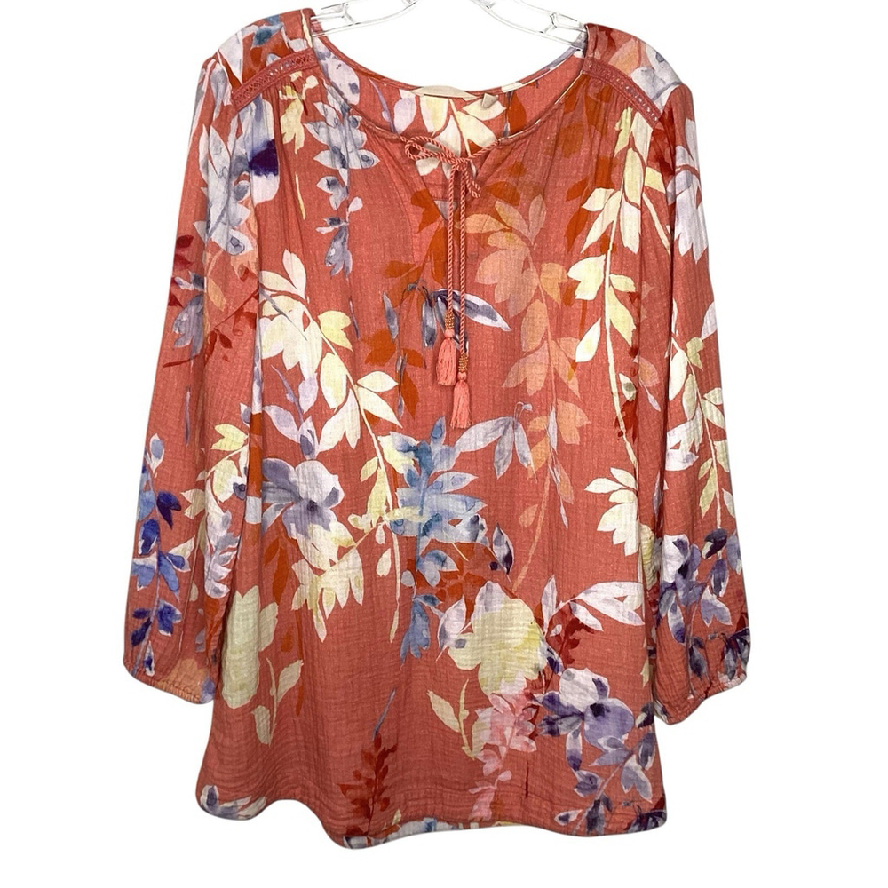 Soft Surroundings Top Sz L Women Orange Cotton Boho Cottage‎ Floral Fall EUC